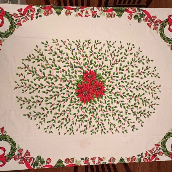 Vintage Christmas Printed Tablecloth Poinsettias Wreaths AS IS - Picture 1 of 7